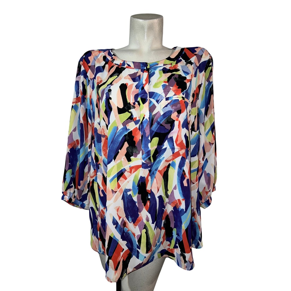 NYDJ Top Women Size 2X Abstract Multicolor Print 3/4 Sleeve Split Neck Blouse